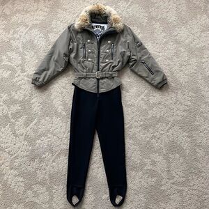 NILS Vintage Skiwear Ski Suit One Piece Snowsuit Snow Bunny Bib Fur Collar Retro